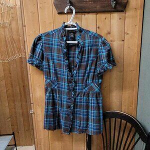 Vintage Style Blue and Brown Plaid Shirt Size M